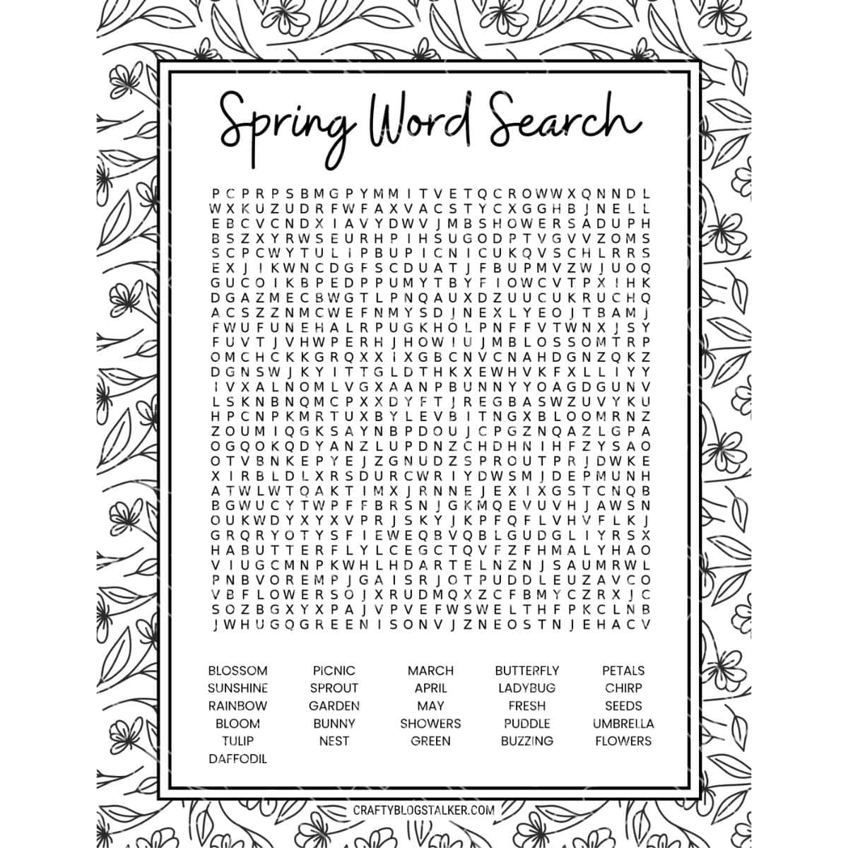 Printable spring word search puzzle with floral border, featuring themed words like daffodil, sunshine, bunny, and rainbow hidden in a grid.