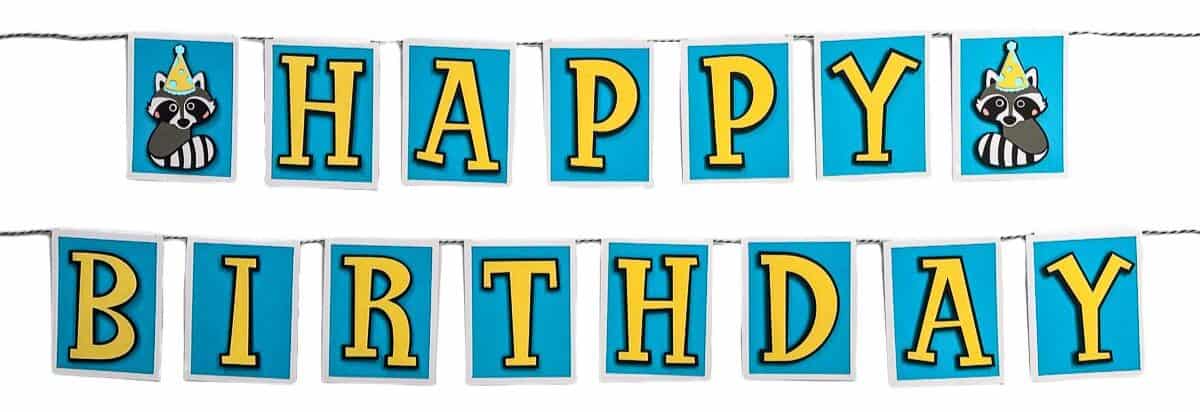 A colorful "Happy Birthday" banner with bold yellow letters on blue cards, featuring raccoons in party hats at each end, strung on black and white twine.