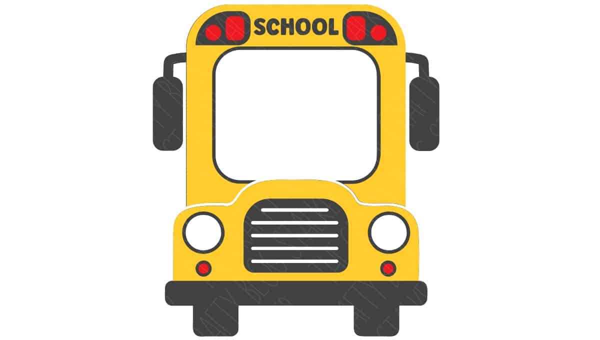 Front-facing yellow school bus SVG design with a cut-out window in the center, perfect for treat cup holders or back-to-school Cricut projects.