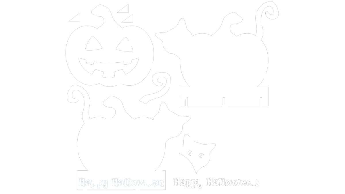 Outline design template for a Halloween craft featuring a pumpkin with a carved face, a black cat, curled tails, and the text Happy Halloween for laser cutting.