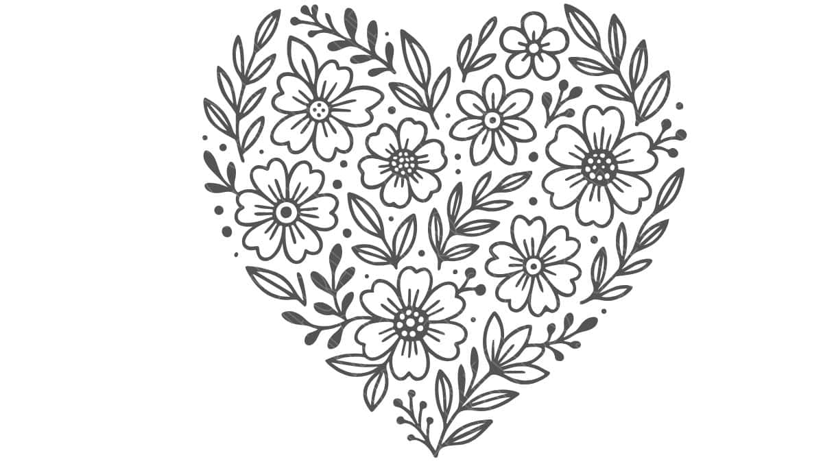 Hand-drawn floral heart design featuring detailed flowers and leaves, perfect for Cricut and Silhouette cutting machine projects.