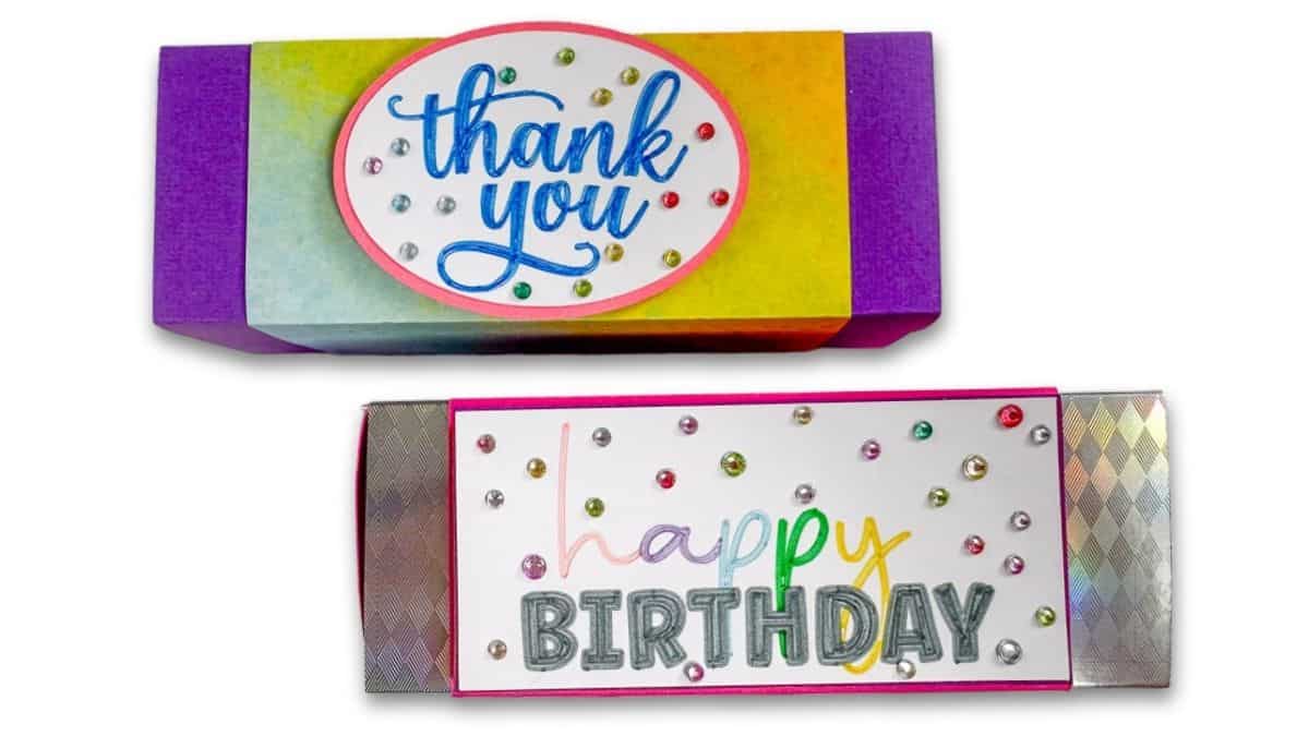 Two colorful rectangular gift boxes, one with 
