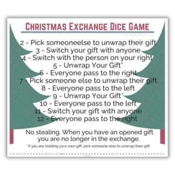 Printable Christmas Exchange Dice Game rules sheet with numbered dice roll actions for swapping, unwrapping, and passing gifts during a holiday gift exchange.