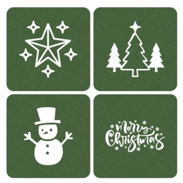 Set of four Christmas stencil designs including a star with sparkles, three Christmas trees, a snowman with a top hat, and a "Merry Christmas" script with snowflakes.
