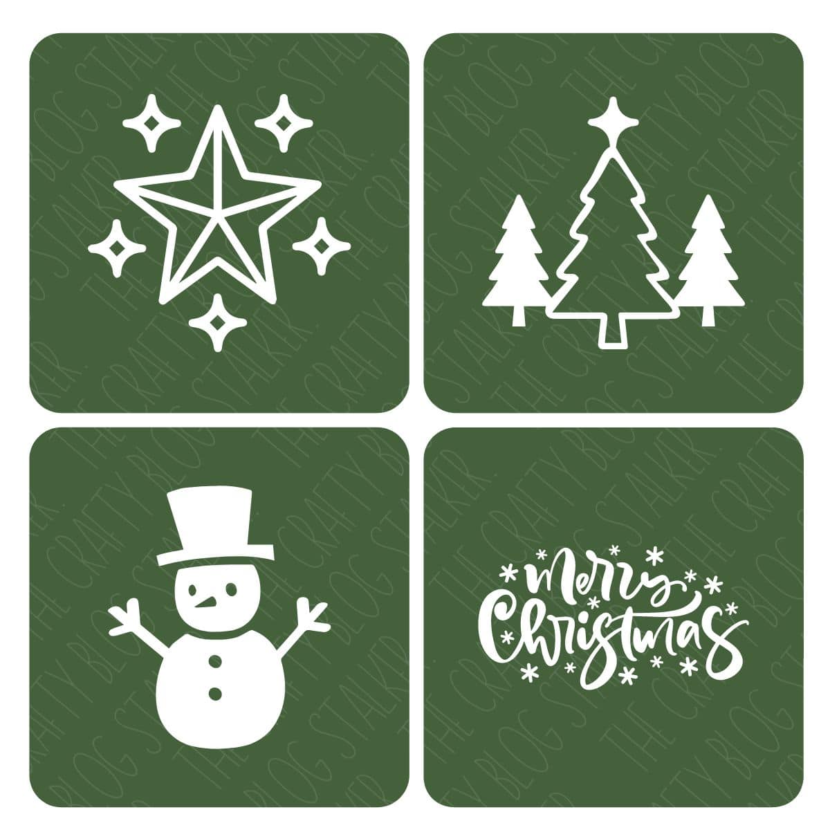 Set of four Christmas stencil designs including a star with sparkles, three Christmas trees, a snowman with a top hat, and a "Merry Christmas" script with snowflakes.