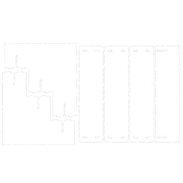 Digital template of a cupcake stand with outlined cut shapes, including a large base piece and four rectangular side panels with slots for assembly.