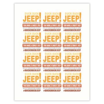 Printable sheet of 12 "Duck Duck Jeep!" tags in orange and red text, each with a hashtag and message for Jeep owners as part of the Duck Duck Jeep game.