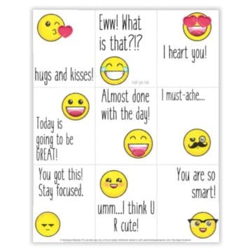 Printable emoji lunchbox notes with smiley faces and phrases like 'You got this!', 'I heart you!', and 'Today is going to be great!'