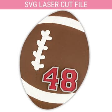 Brown football-shaped door hanger with white laces and stripes, decorated with the number 48 in bold red and white varsity-style font.