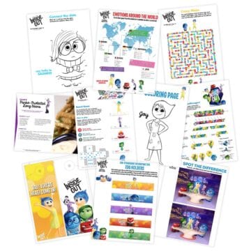 Collection of Inside Out printable activities for kids including coloring pages, mazes, spot the difference, board game, recipe, and egg holder crafts.