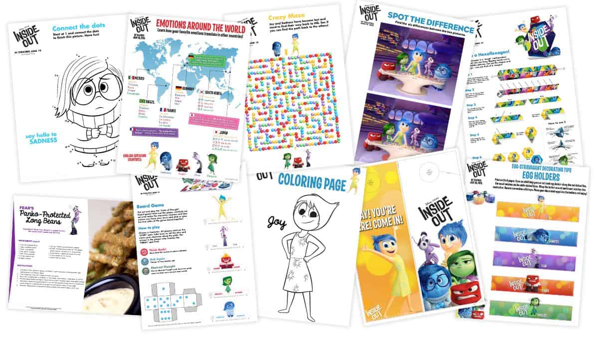 Collection of Inside Out printable activities for kids including coloring pages, mazes, spot the difference, board game, recipe, and egg holder crafts.