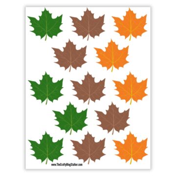 Printable sheet of fall leaf cutouts in green, brown, and orange, arranged in rows on a white background.