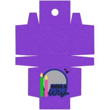 Purple printable gift box template with “Make a Wish” design, two candles, and fold lines for cutting and assembling.