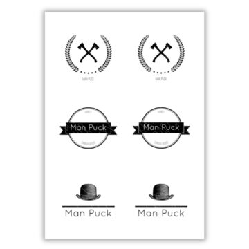 Printable sheet with six black-and-white “Man Puck” labels featuring axe, banner, and bowler hat designs for soap or gift packaging.