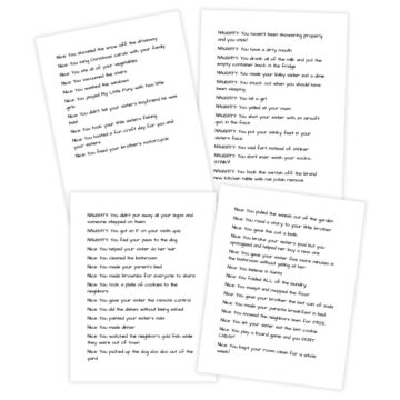 Four printed pages of “Naughty and Nice” list strips, each with humorous notes describing kids’ good deeds and mischief, designed for holiday activities.