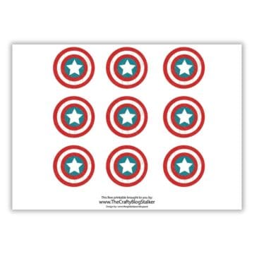 Printable sheet with nine Captain America-style shields, each red, white, and blue with a central white star, arranged in a 3x3 grid.
