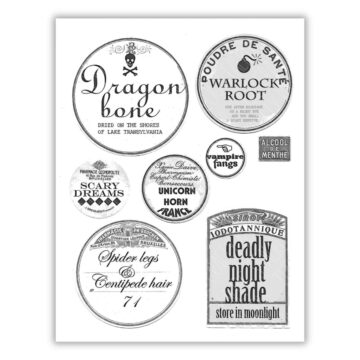 Black and white printable potion labels with spooky names like Dragon Bone, Warlock Root, Vampire Fangs, and Deadly Nightshade in vintage-style designs.