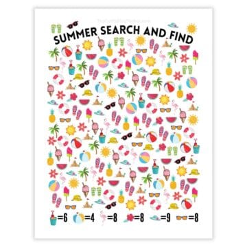 Printable "Summer Search and Find" game with colorful beach-themed icons like flip-flops, sunglasses, and ice cream, plus a key showing how many of each to find.