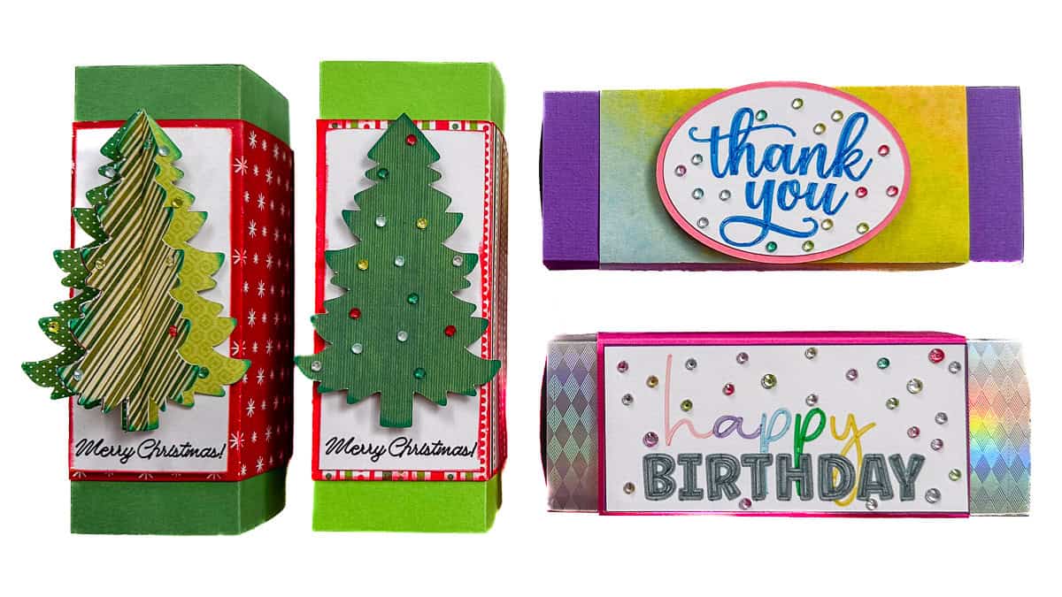 Four handmade paper gift boxes decorated for different occasions, including Christmas trees, thank you, and happy birthday designs with colorful embellishments.