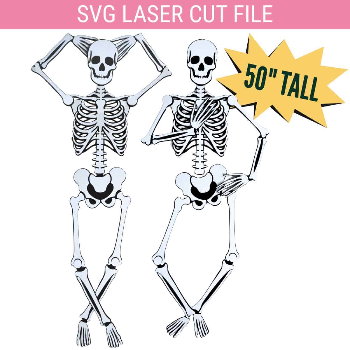 Two 50-inch tall posable skeleton decorations made from a laser cut SVG file, shown standing in different playful positions for Halloween crafts.