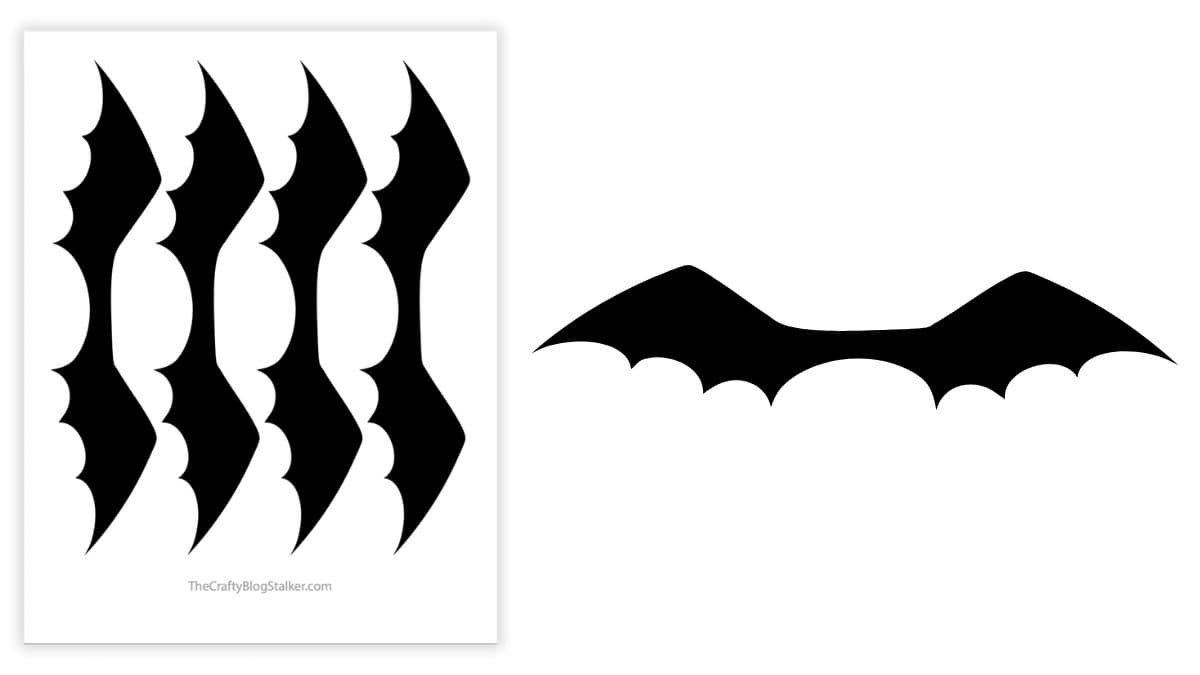 Printable bat wing templates in black, shown as multiple cutout designs on the left and a single wide bat wing shape on the right for Halloween crafts.