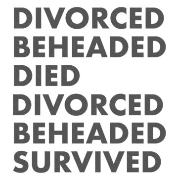 Text design image showing the words “Divorced Beheaded Died Divorced Beheaded Survived” in bold black letters on a white background.