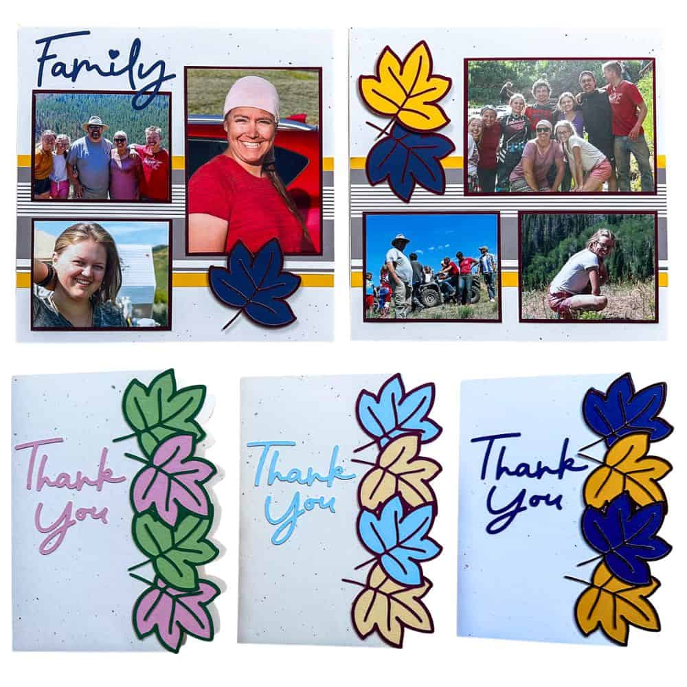 Collage showing fall-themed scrapbook pages with family photos and leaf embellishments, alongside three handmade thank you cards featuring leaf border designs.