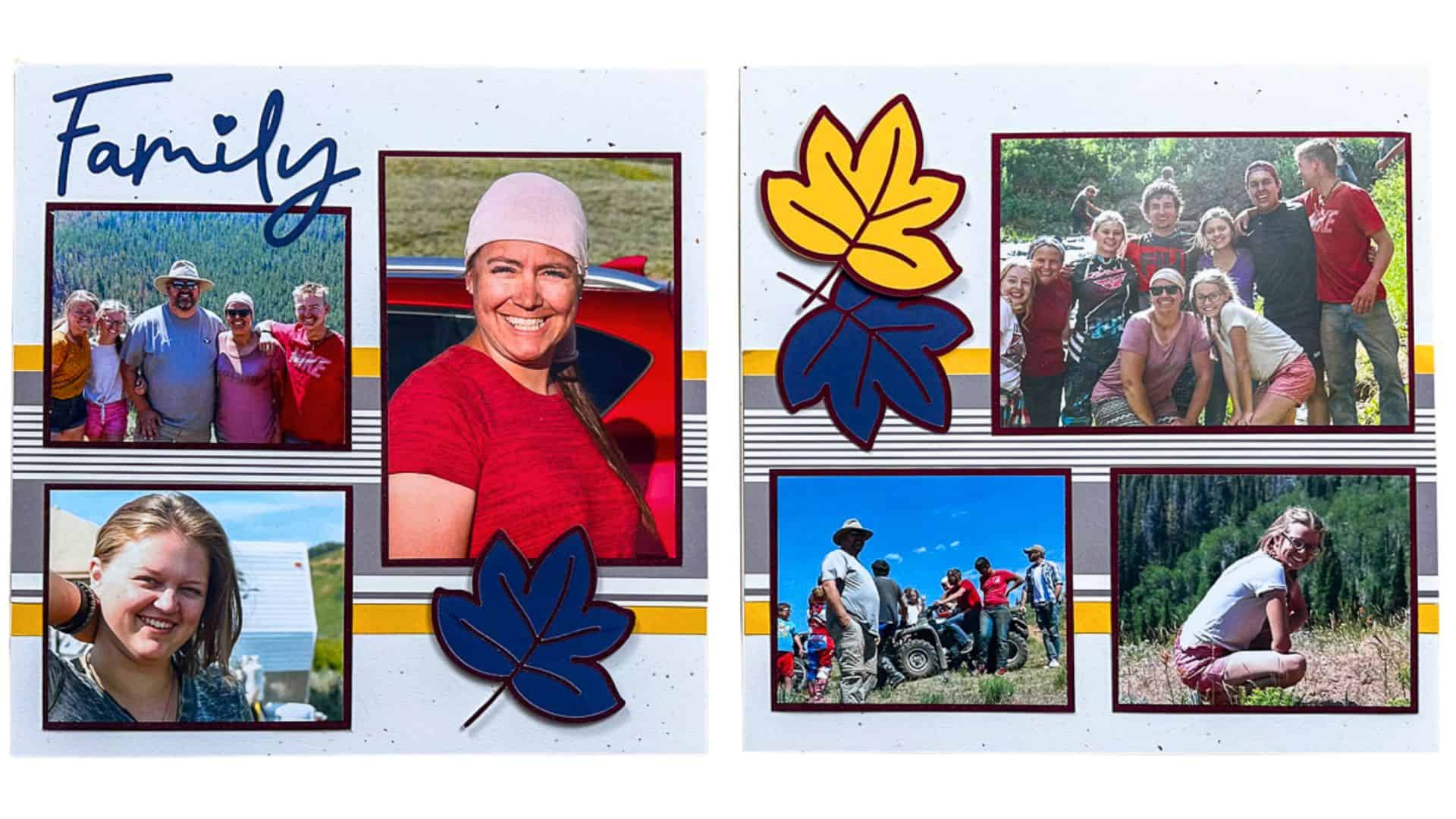 Two-page scrapbook layout with family photos, layered fall leaf cutouts, striped accents, and a bold