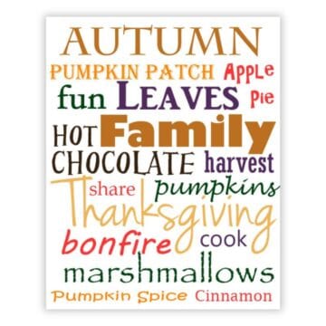 Fall-themed printable word art featuring words like autumn, family, Thanksgiving, pumpkins, bonfire, marshmallows, leaves, chocolate, and pumpkin spice.