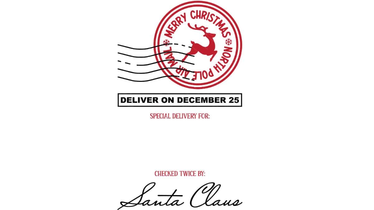 Christmas delivery label design featuring a red reindeer stamp that reads