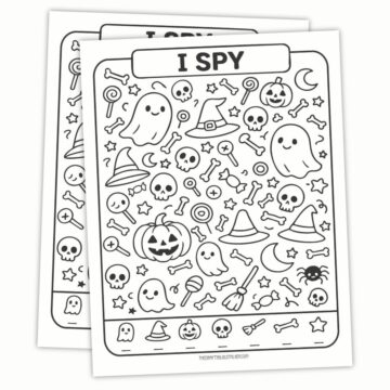 Halloween I Spy printable activity page featuring ghosts, pumpkins, skulls, witch hats, bones, and candy icons in a black-and-white coloring sheet.