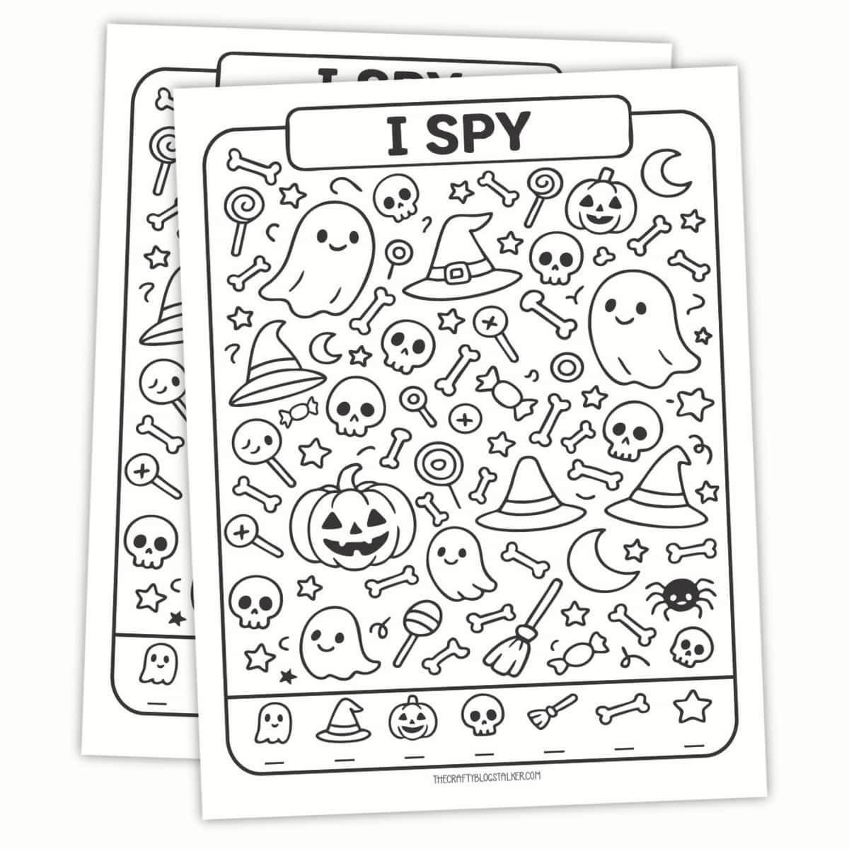 Halloween I Spy printable activity page featuring ghosts, pumpkins, skulls, witch hats, bones, and candy icons in a black-and-white coloring sheet.