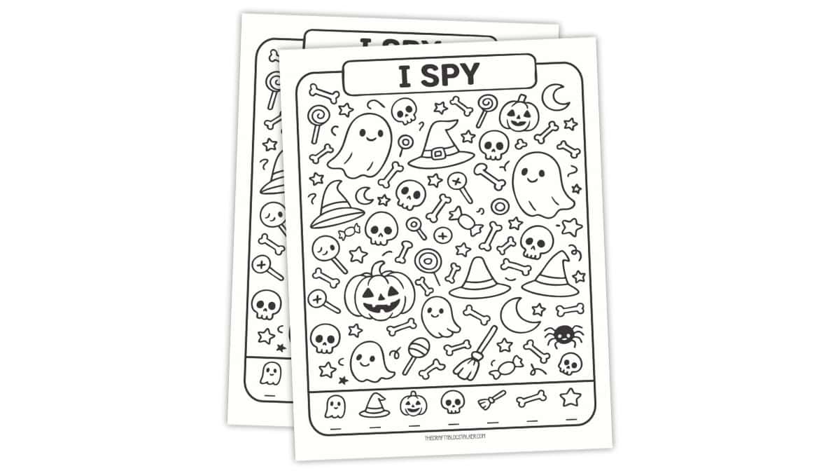 Halloween I Spy printable activity page featuring ghosts, pumpkins, skulls, witch hats, bones, and candy icons in a black-and-white coloring sheet.