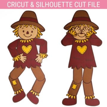 Two paper scarecrows made with Cricut and Silhouette cut files, wearing hats and red shirts with yellow hearts, shown in playful, posable positions.