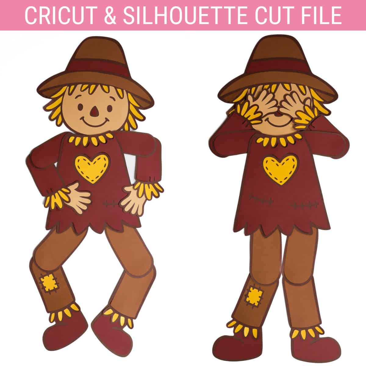 Two paper scarecrows made with Cricut and Silhouette cut files, wearing hats and red shirts with yellow hearts, shown in playful, posable positions.