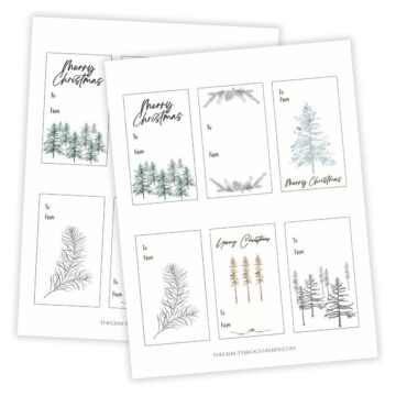 Printable rustic Christmas gift tags featuring hand-drawn pine trees and branches with "To" and "From" labels, displayed on two sheets.