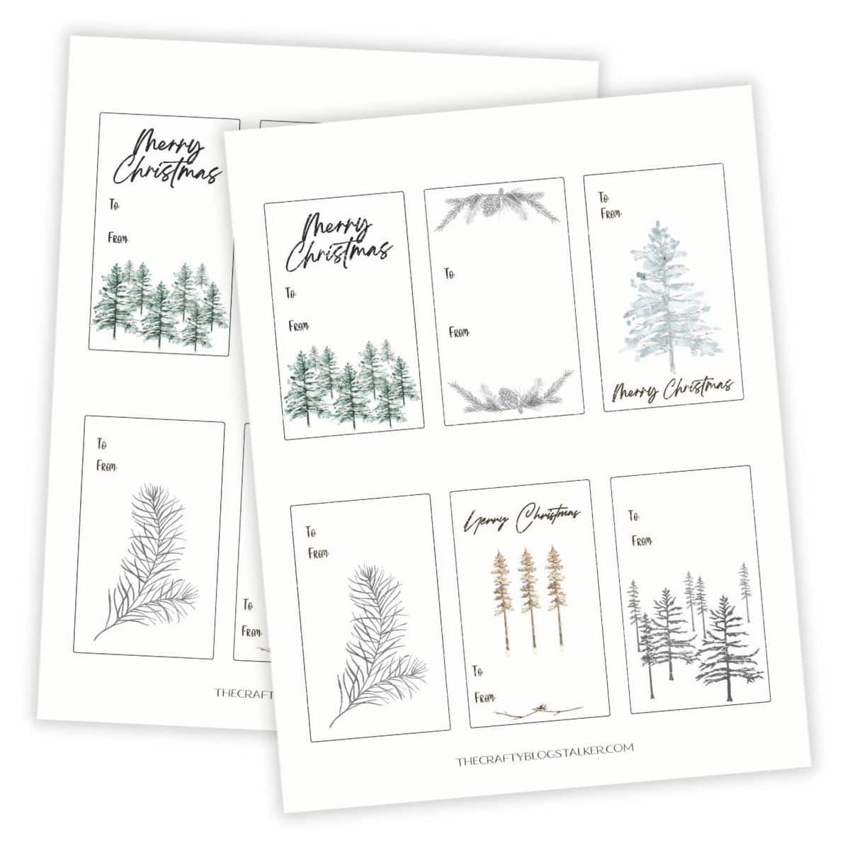 Printable rustic Christmas gift tags featuring hand-drawn pine trees and branches with "To" and "From" labels, displayed on two sheets.