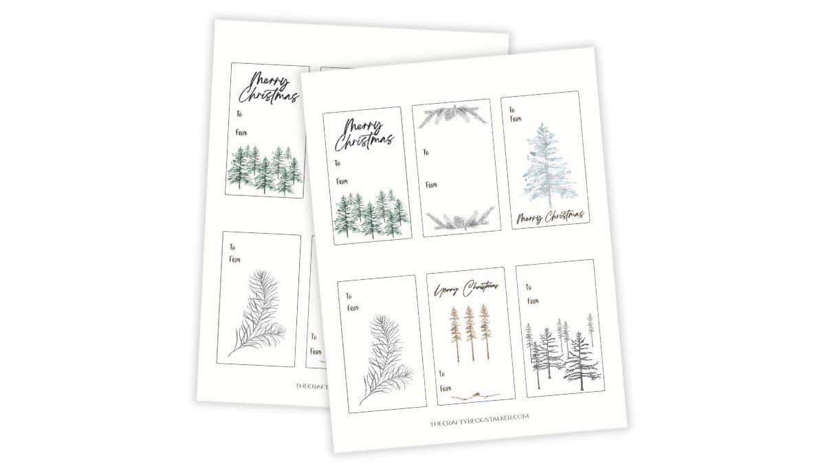 Printable rustic Christmas gift tags featuring hand-drawn pine trees and branches with "To" and "From" labels, displayed on two sheets.