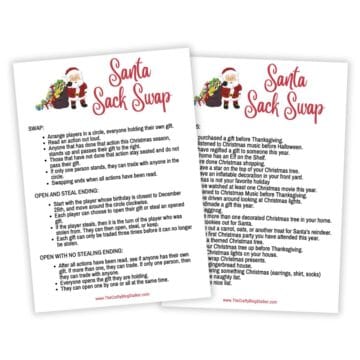 Printable Santa Sack Swap Christmas game instructions featuring Santa graphics, outlining rules for swapping, stealing, and opening holiday gifts.