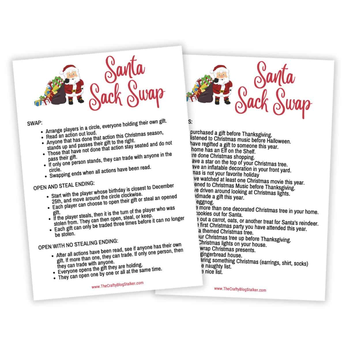 Printable Santa Sack Swap Christmas game instructions featuring Santa graphics, outlining rules for swapping, stealing, and opening holiday gifts.