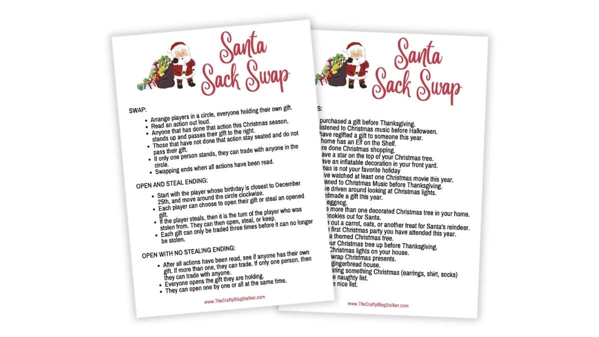 Printable Santa Sack Swap Christmas game instructions featuring Santa graphics, outlining rules for swapping, stealing, and opening holiday gifts.