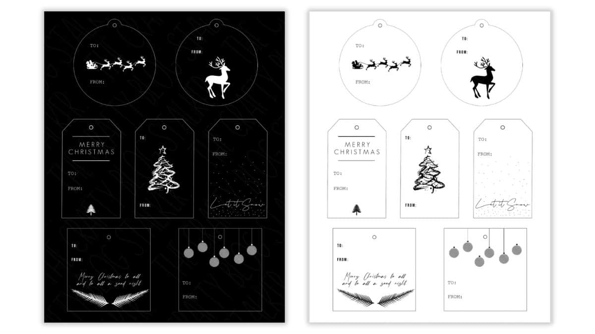 Two sheets of printable black and white Christmas gift tags featuring designs like reindeer, Santa's sleigh, ornaments, and Christmas trees with 