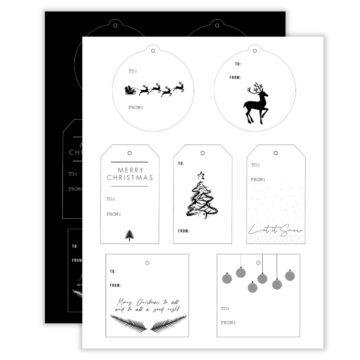 Printable black and white Christmas gift tags featuring designs of Santa’s sleigh, reindeer, ornaments, and Christmas trees with “To” and “From” sections.