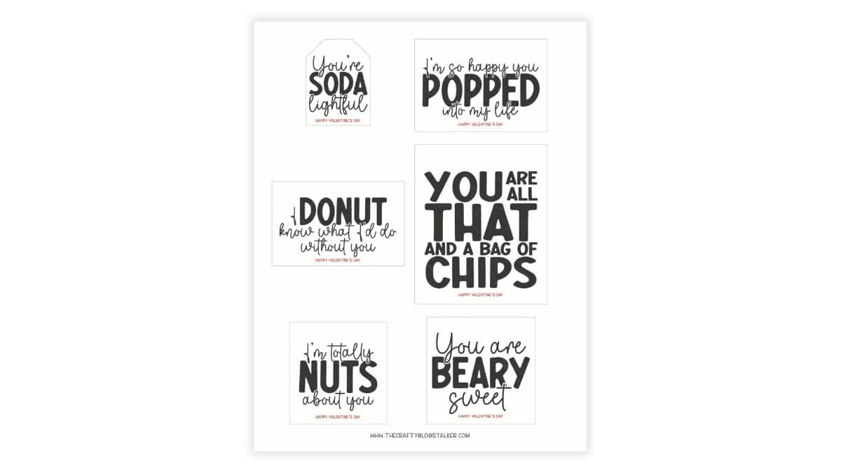 A printable sheet of six black and white Valentine's Day tags with food puns like 