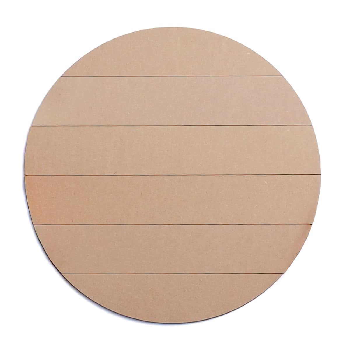Round unfinished wood shiplap door hanger blank with horizontal slats, ready for painting, staining, or decorating for DIY home projects.