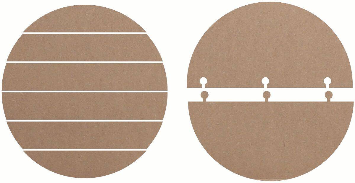 Two unfinished round wood shiplap door hanger blanks, one with horizontal grooves and one with a slotted design for easy assembly.