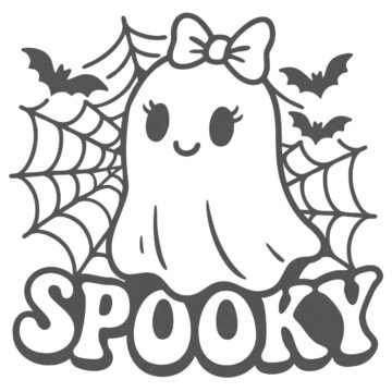 Cute Halloween ghost with a bow surrounded by spiderwebs and bats, with the word “Spooky” written below in bold letters.