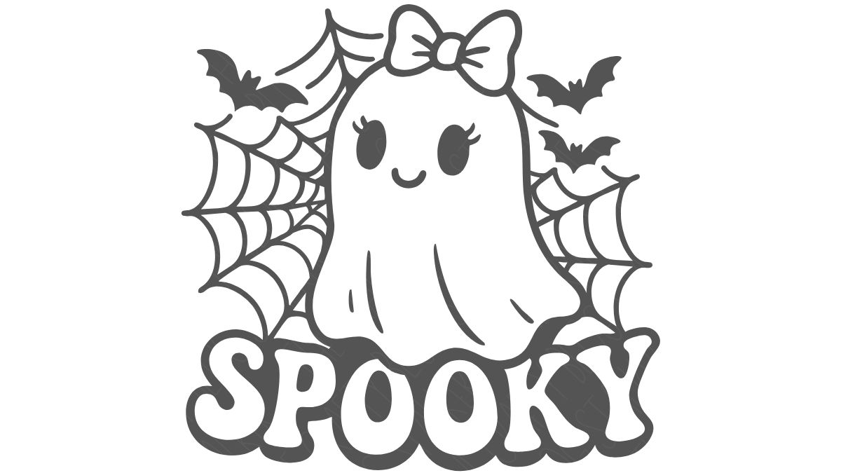 Cute Halloween ghost with a bow surrounded by spiderwebs and bats, with the word