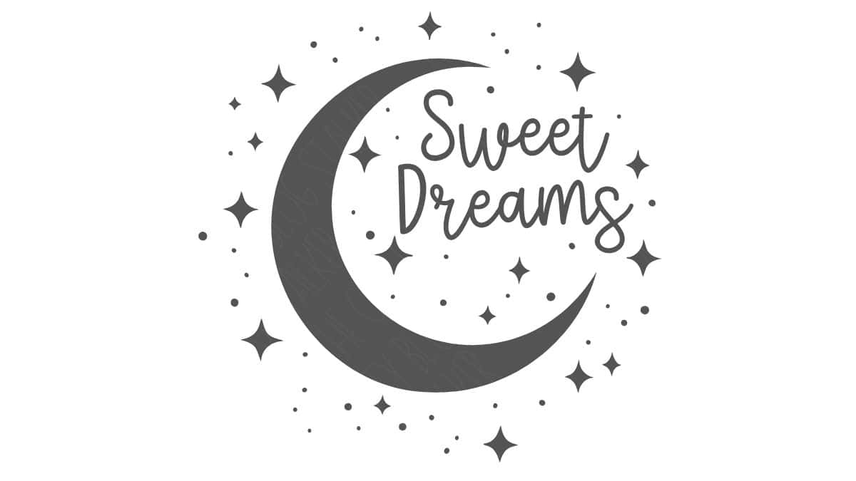 Black and white “Sweet Dreams” design featuring a crescent moon surrounded by stars and sparkles on a white background.