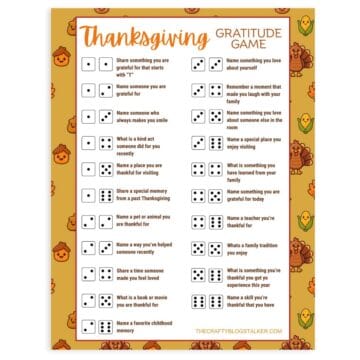 Printable Thanksgiving Gratitude Game with dice roll prompts to share thankful moments, featuring a festive border with turkeys, leaves, and acorns.